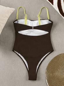 New Sexy Spaghetti Strap Jumpsuit Swimsuit, Elegant And Comfortable For Beach, Vacation, Party, Spring/Summer - Coffee Brown - View 3