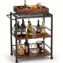 3 Tier Kitchen Cart, Rolling Bar Cart For Tea, Coffee, Liquor, And Drink Service With Removable Serving Detachable Server, Rustic Brown And Black - Rustic Brown and Black - View 1