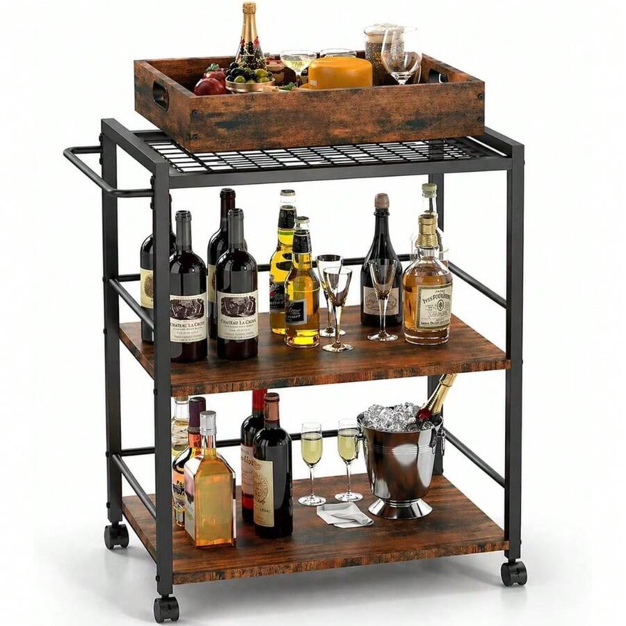 3 Tier Kitchen Cart, Rolling Bar Cart For Tea, Coffee, Liquor, And Drink Service With Removable Serving Detachable Server, Rustic Brown And Black - Rustic Brown and Black - View 1