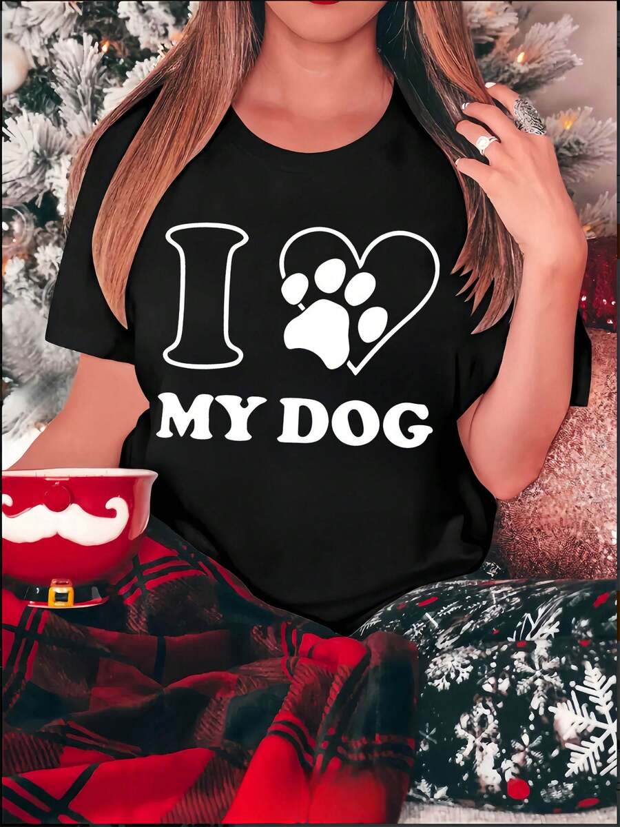 Camiseta de tela suave con estampado de "I Love Dogs", moda femenina, manga corta, camiseta deportiva casual sencilla, top cómodo de verano para vacaciones, camiseta a la moda. - Negro - Ver 1