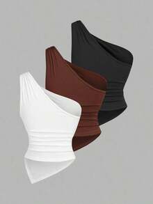 Blusa de unicolor minimalista con cuello asimétrico y hebilla de metal para mujer - Multicolor 8 - Ver 2
