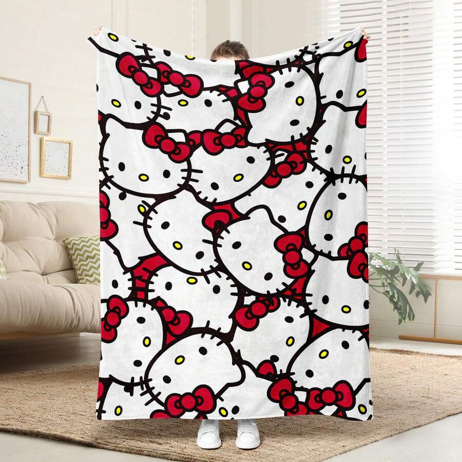 SANRIO 1条舒适的Hello Kitty图案法兰绒毯，柔软的涤纶针织设计，用途广泛，可机洗，是居家、旅行、户外活动的理想礼物，四季皆宜，适合沙发、床、办公室或旅行，是看电影、午睡、卧室、办公室、汽车时的温暖伴侣。 - 彩色 - 查看 1
