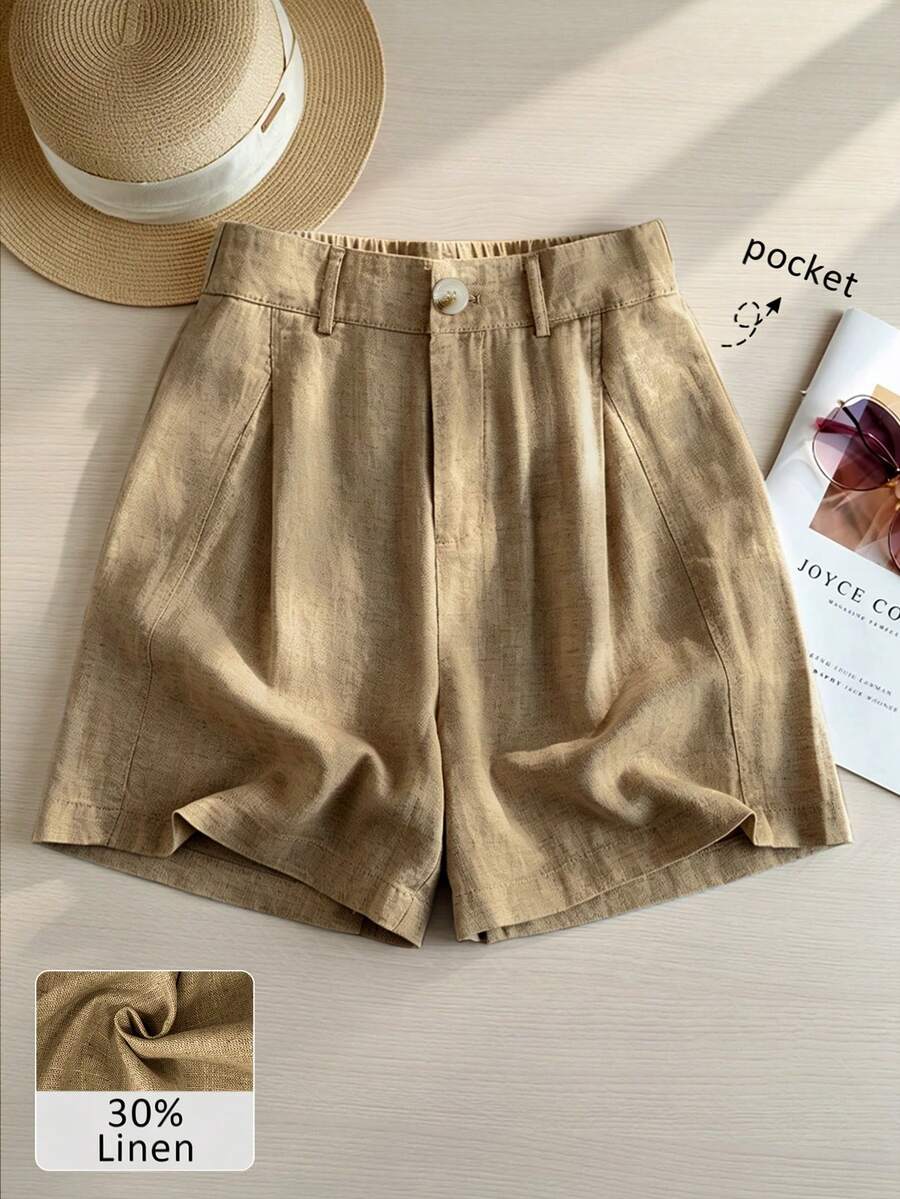 Women's Casual Linen Blend Pleated Design Side Pocket A-Line Shorts, Spring/Summer - Khaki - View 1