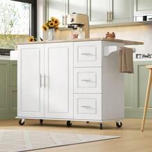 Large Mobile Kitchen Table L137*W43(76)*H92cm, Oak Top, Foldable, Multifunctional Furniture, 3 Drawers, Towel Rack, Ideal For The Kitchen, Dining Room, Home - White - View 9