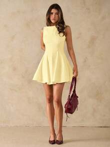 Vestido negro sólido, minimalista y sexy de corte evasé en tono burdeos para mujer, vestido para citas, vestido de dama de honor corto, vestido negro elegante para primavera/verano - Amarillo - Ver 5