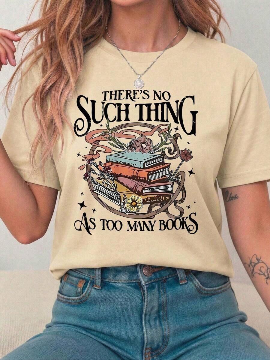 Camiseta de manga corta vintage, linda, interesante y cómoda, con estampado de libros y flores, y estampado de letras de dibujos animados para amantes de la lectura. Camiseta de mujer adecua - Albaricoque - Ver 1