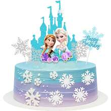 Hasbro 冰雪公主主題生日蛋糕裝飾套組，包含城堡、雪花與生日快樂裝飾，適合冬季主題派對甜點桌、冬季仙境 - 卡通蛋糕排插 - 查看 2
