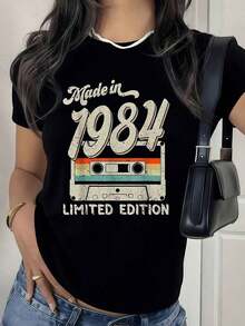 Women's Short-Sleeve T-Shirt 1984 Born Retro Music Subculture Limited Edition Cassette Memory, Round Neck, Regular Sleeve, Casual Style, Suitable For All Seasons, Women's Clothing, 100% Cotton - 黑色 - 查看 7