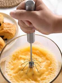 1pc Stainless Steel Hand Mixer, Semi-Automatic Press & Rotate Whisk, Suitable For Cooking, Baking, Kitchen Tools, Kitchen Supplies, Kitchen Accessories, Restaurant & Kitchen Utensils - Silver - View 3