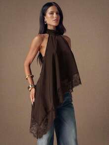Top de satén con parches de encaje elegante sin espalda, blusa sexy de cuello halter sin mangas para fiestas, cócteles, ocasiones formales, Navidad y casual de negocios - Burdeos - Ver 5