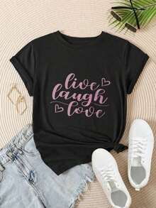 Camiseta Casual de Moda para Mujer con Diseño de Corazón Vintage "Live Laugh Love", Adecuada para Todas las Temporadas  
 BlackFashion - Negro - Ver 2
