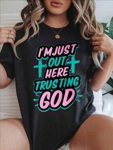 Women's Vintage Style Short Sleeve Casual T-Shirt - Summer Crew Neck T-Shirt With "I'm Just Out Here Trusting God" Print, Machine Washable, Women's T-Shirts, Casual Wear, Modern Style, Comfortable Fit

BlackFashion - 黑色 - 查看 7