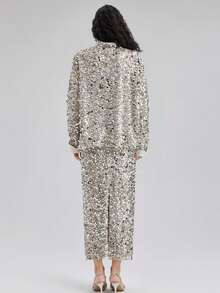 Rich Radi Q's Shiny Sequin Contrast Detail Regular Length Women Jacket, Party Casual Top - Silver - View 7
