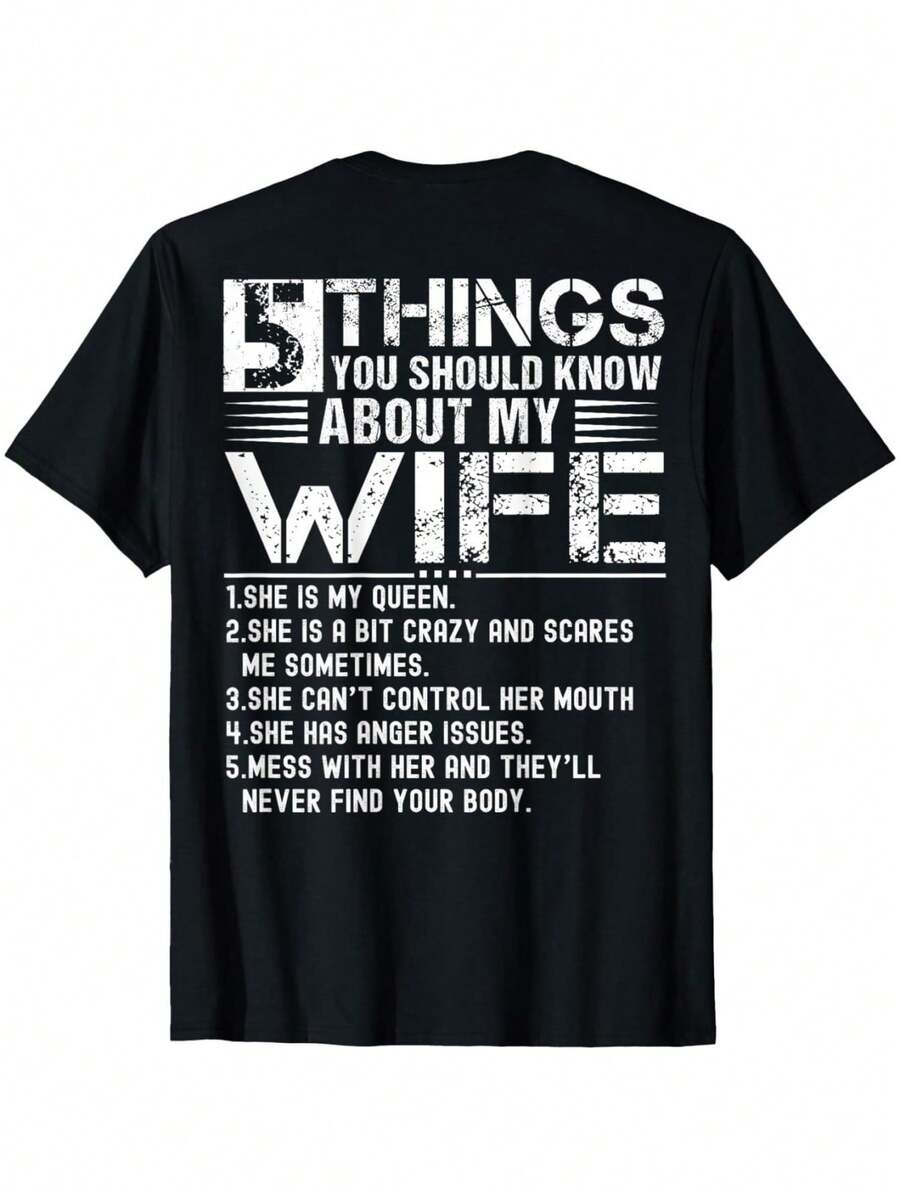 Cotton Short Sleeve 5 Things You Should Know About My Wife (On Back) Husband T-Shirt For Men Women - Black - View 1