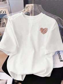 1 pieza de camiseta casual de moda ajustada con estampado de corazón pequeño y manga corta para mujer, 180g, 100% algodón. - Blanco - Ver 1