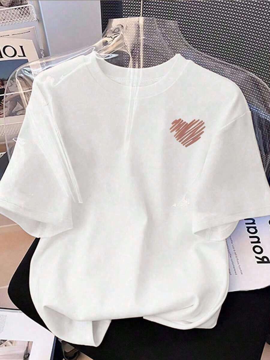 1 pieza de camiseta casual de moda ajustada con estampado de corazón pequeño y manga corta para mujer, 180g, 100% algodón. - Blanco - Ver 1
