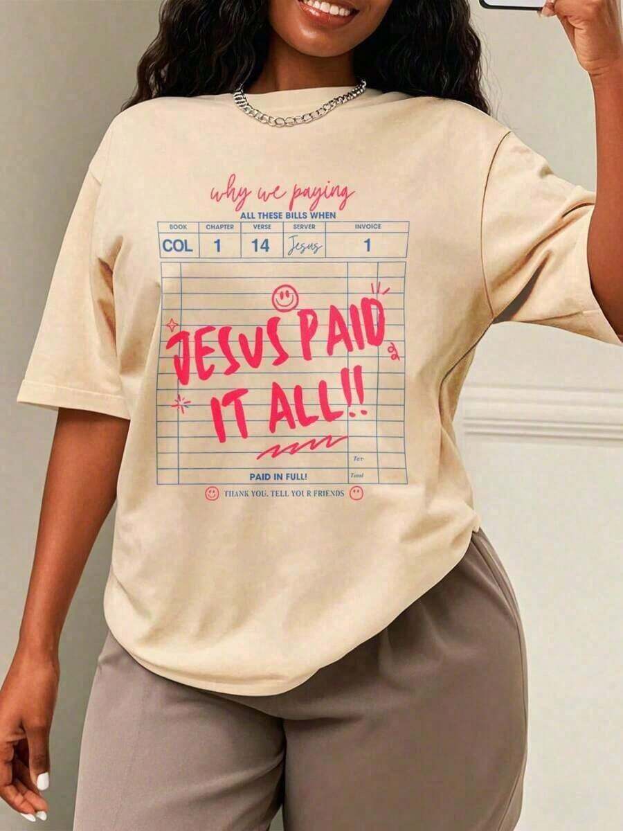 Estilo Oversize para Mujer, Jesús Lo Pagó Todo, Diseño de Camiseta Cristiana, Camiseta de Adoración, Camiseta Cristiana con Impresión Directa, Camiseta para Invitados, Camiseta de Regalo de Moda, Camiseta Oversize para Mujer, Perfecta para Fiestas Navideñas o para Regalar, Suave y Cómoda (Estilo dulce, estilo retro, unisex) - S - Ver 1