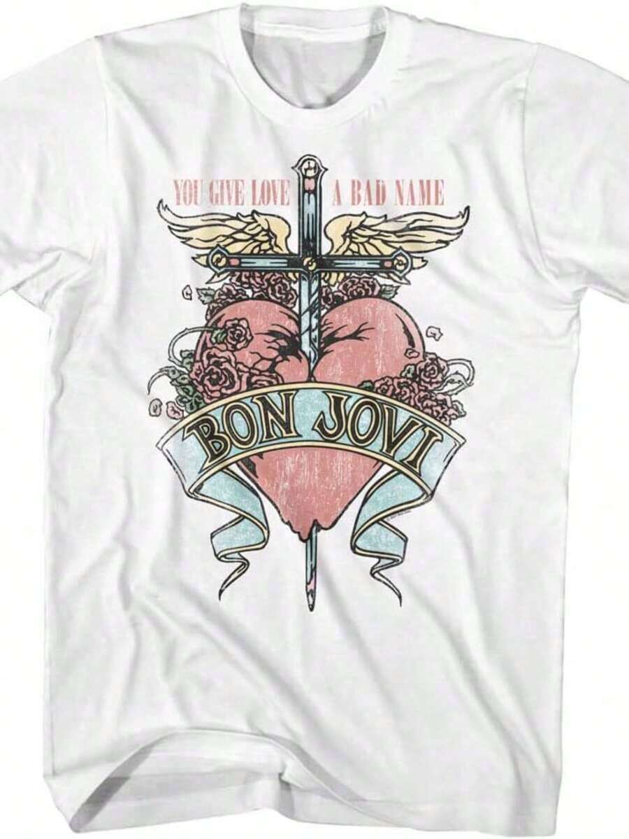 Vintage Bon Jovi T-Shirt, You Give Love A Bad Name, Short Sleeve T-Shirts For Adults, Vintage Style, Fashion Graphic Tees - 白色 5 - 查看 1