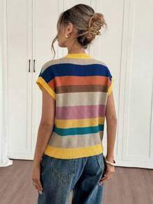 Colorful Striped Knit Sleeveless Tank Top, Loose Drop Shoulder Cropped Fit, Contrast Color Vibrant Youthful Design, Soft Skin-Friendly Versatile Style, Spring/Summer Casual Slimming Top - Multicolor - View 5
