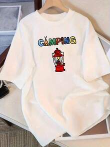 Camiseta estilo Y2K con estampado de letras y diseño de lámpara de aceite, top casual para mujer, cuello redondo, estilo de manga corta para verano. - Blanco - Ver 1