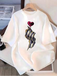 Playera gráfica con mano de esqueleto de corazón.Elegante Playera para mujer con ilustraciones únicas.Perfecta para uso informal.Tejido de mezcla de algodón moderno y cómodo.Disponible en varios tamaños para un ajuste perfecto. - Blanco - Ver 3