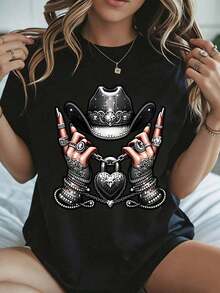 Camiseta con Estampado de Sombrero de Vaquero y Manos con Candado de Corazón para Mujer, Ropa Casual Blanca para el Día de San Valentín, Primavera Verano - Negro - Ver 8