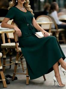 Elegant Women's Dress, V-Neck, Short Sleeve With Belt, Ideal For Holidays And Everyday Wear - 綠色 - 查看 5