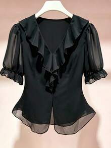 Abbigliamento da donna per primavera/estate, blusa elegante e romantica in stile francese a maniche corte, abbigliamento da spiaggia e resort, abito estivo in chiffon con balze in vita, camicia da donna alla moda, top estivi neri - nero - Visualizzare 5