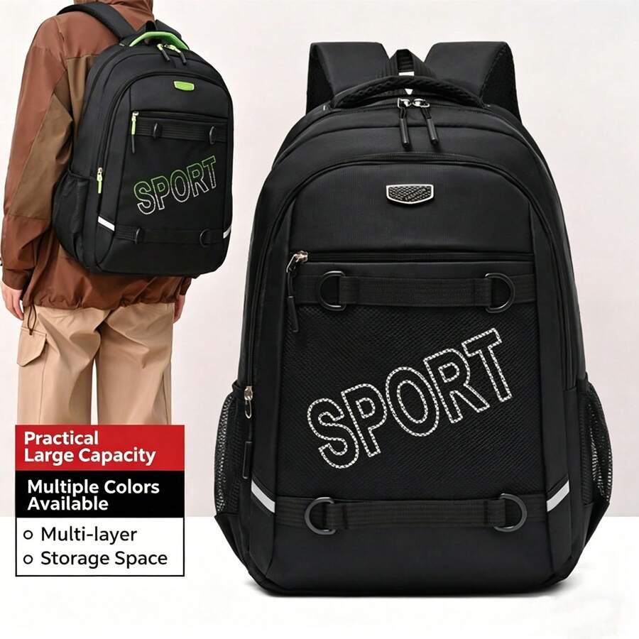 Mochila con estampado de letras negras, bolsa de gran capacidad y resistente con múltiples bolsillos, mochila casual para estudiantes, viajes y deportes con compartimento para portátil - Multicolor - Ver 1