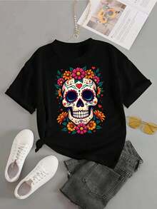 disfraz halloween hombre1pc Blusas de mujer Ropa de mujer Hermosas blusas para mujer Blusas hermosas para mujer Calavera floral 180G Blanco y negro Camiseta con estampado de calavera de azúcar Cuello redondo de alta calidad Corte holgado básico Transpirable Versátil Lavable a máquina Talla cómoda S ~ 3XL Esencial para uso diario, casual y deportivo en verano.playera de hombretwilight Y2k Camiseta Camisa De - Negro - Ver 4