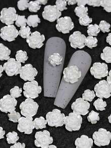 50pcs Mini Pearl White Rose Nail Art Decorations, 3D Camellia Flower, Delicate Transparent Nail Accessories, DIY Decor - White - View 3