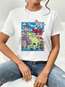 Colorful Retro Graphic Inspired By Animated Toy Adventures With Classic Characters And The Number 95 Evoking Nostalgic Fun. Comfortable And Casual Women's T-Shirt For Everyday Wear. - 白色 - 查看 6