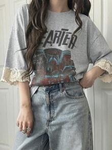 Camiseta de manga corta para mujer con ajuste holgado, estampado de letras, parches de encaje, de algodón transpirable, versátil para primavera/verano, camisetas gráficas oversize para mujer - Gris - Ver 3