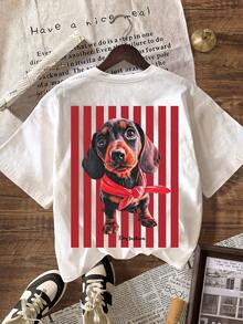 Áo thun nữ cổ tròn tay ngắn phối sọc tương phản in hình chó Dachshund dễ thương, kiểu dáng thường ngày, thích hợp cho kỳ nghỉ hè, màu trắng. - trắng - Xem 3