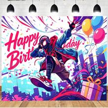 Marvel 1pc Themed Birthday Party Backdrop,Cartoon Character Tapestry,S-Pider-Man Miles Morales Birthday Backdrop, Neon Cool Music Style Happy Birthday Party Banner,Spider-Verse Themed Party Decor Tapestry, High Definition Print Party Decoration Backdrop Cloth,The Perfect Gift For Family And Friends, Birthday Party Decoration,Holiday Decoration, Decoration Themed Perfect Gift,For Bedroom Living Room Corridor, Wall Art, Wall Decoration, Room Decoration - Multicolor-a - View 1