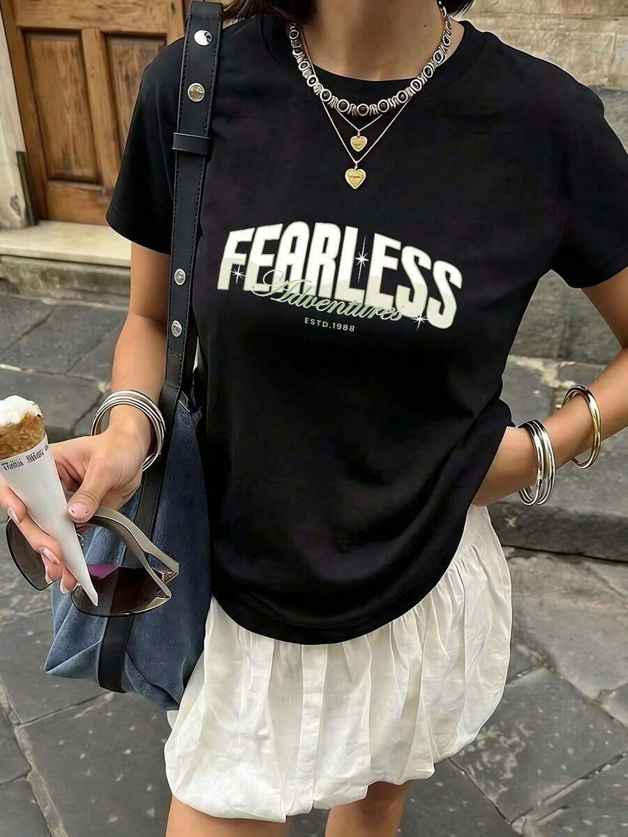 Women's Fearless Adventures ESTD 1988 Graphic T-Shirt, Vintage Inspired Letter Print, Short Sleeve, Crew Neck, Casual Cotton T-Shirt, Plus Sizes For Everyday Wear, Mexican Fashion Clothing For Women, Pretty Blouses 100% Cotton - 黑色 - 查看 1