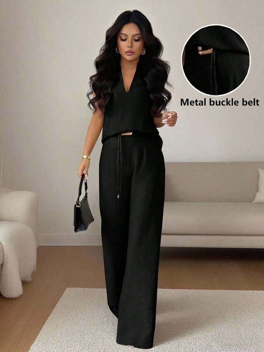 Set de 2 piezas de top sin mangas de cuello en V y pantalones rectos con decoración de cinturón holgado, de estilo casual y versátil para mujer, para primavera/verano - Negro - Ver 1