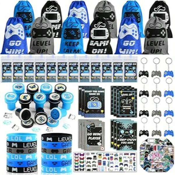 126 Count Video Game Party Bag Fillers, Gaming Party Favours With VIP Pass Lanyards Silicone Bracelet Keychain And Stampers, Birthday Party Bags Fillers For Kids Gamer Party Supplies Goodie Bag Fillers