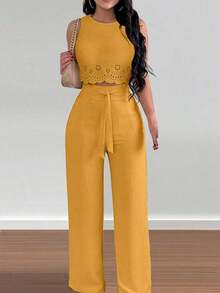 Set de 2 piezas para mujer con top corto elegante con diseño calado y ata y pantalón recto para vacaciones - Amarillo - Ver 3