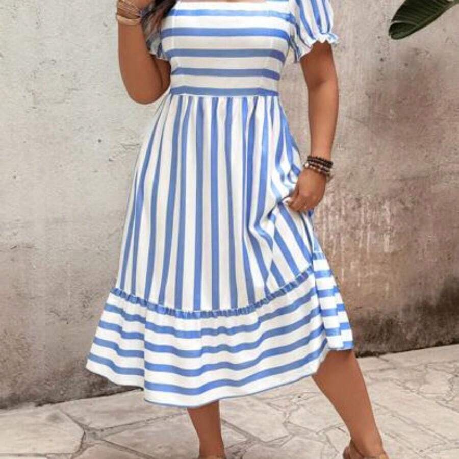 Clasi Elegant Pattern Plus Size Women Long Dress, Spring/Summer - Azul y blanco - Ver 1