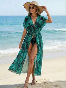 Swim Vcay Kimono con estampado tropical de cintura con cordón - Multicolor - Ver 1