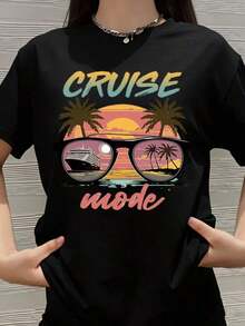 Camiseta con diseño de gafas de sol y palmera para viajes de vacaciones, fiestas en la playa y uso en verano. - Negro - Ver 7