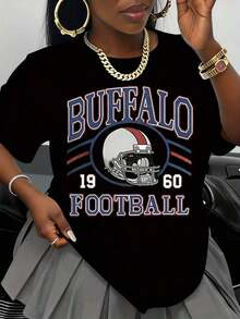 Camiseta de diseño de casco de fútbol americano Buffalo de 1960 para mujer, corte holgado informal, blanca, ropa deportiva de equipo. - Negro - Ver 7
