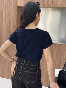 Y2K Style, Fashion Style, Newest 2026, Cute Style, Casual Style, Women's Blouses > Clothing. Women's Short-Sleeved T-Shirt With Embroidered Heart And Letter Design For Valentine's Day, Casual Style For Work, 180g (S-XXXL) - 海軍藍 - 查看 4