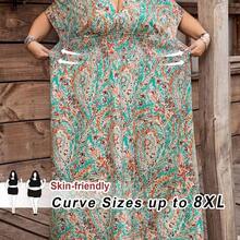 CURVE+ Curve Size Music Festival, Seaside Vacation, BohemiaRandom Print Pleated Elastic Waist Women Beach Dress, Summer Holiday Outfit - Multicolor - Ver 5