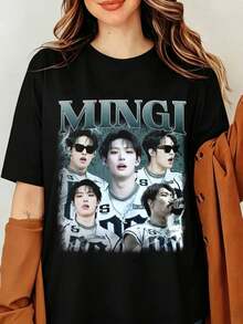 Mingi ATEEZS K-Pop Star Graphic T-Shirt Song Mingi Vintage 90s Bootleg Print Black Oversized Cotton Tee Men Women Streetwear Top, Mingi Ateezs Vintage 90s Retro T-Shirt, Graphic Shirt - Black - View 1