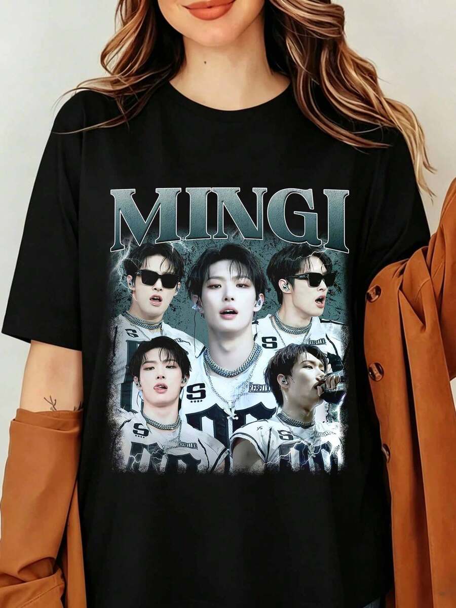Mingi ATEEZS K-Pop Star Graphic T-Shirt Song Mingi Vintage 90s Bootleg Print Black Oversized Cotton Tee Men Women Streetwear Top, Mingi Ateezs Vintage 90s Retro T-Shirt, Graphic Shirt - Black - View 1