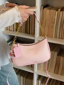 1pc Women's Solid Color PU Shoulder Bag, Versatile Underarm Bag For Work Commute, Adjustable Strap Crossbody Bag, Elegant Cherry Blossom Charm - Pink - View 4