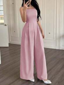 Mono holgado de pierna ancha y plisado de unicolor para mujer - Rosa - Ver 6