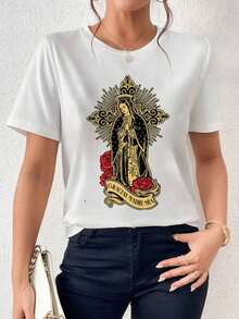 ofertas y liquidacionesPlayera Para Mujer,Blusa casual para mujer de moda con cuello redondo, manga corta y estampado de sanjudas tadeo, rosas.playera de hombretops sudaderas para mujer Y2k Camiseta Camisa De - Blanco - Ver 9